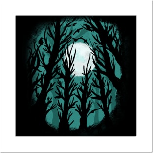 Spooky Haunted Forest Gothic Moon & Birds Posters and Art